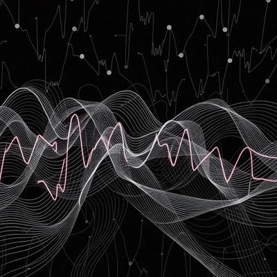 The primary subject of the image is a series of pink and white waves, which are depicted as a pattern of lines. The setting is a black background, creating a contrasting effect. The visual style appears to be a combination of digital art and illustration, as the waves are depicted in a stylized manner. The colors and mood of the image are predominantly pink and white, giving it a calm and serene atmosphere.